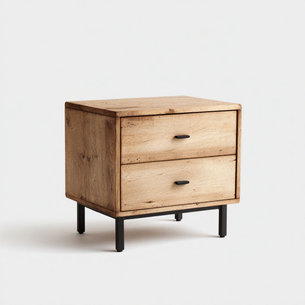 Comodino in Legno di Quercia con 2 Cassetti e Base in Metallo Nero