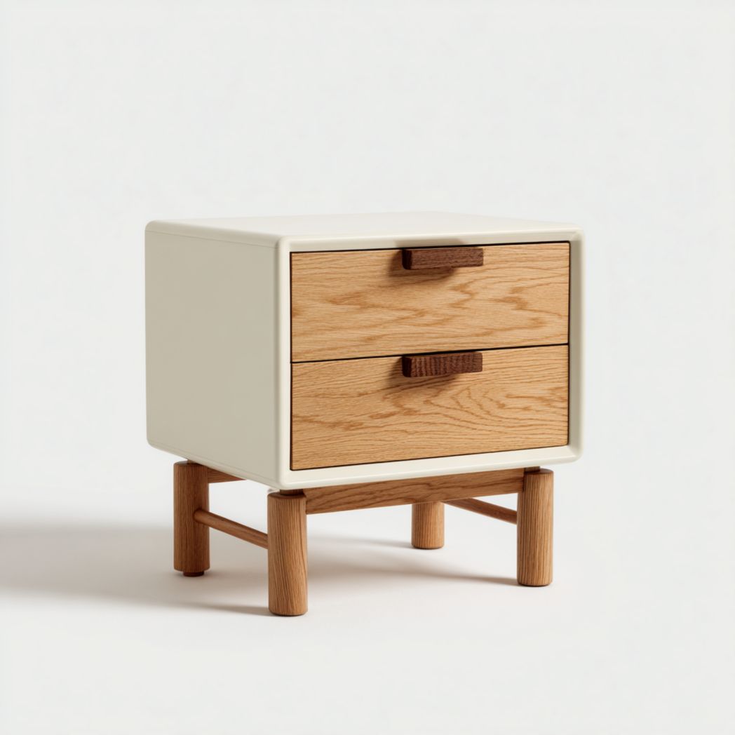 Comodino Bianco con 2 Cassetti in Rovere e Struttura in Legno Massello