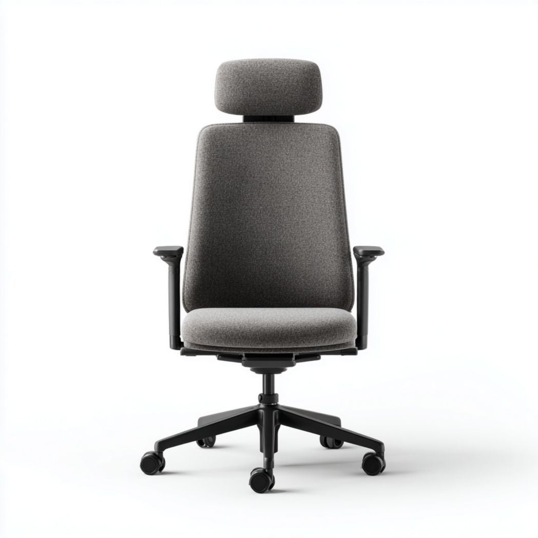 Sedia da ufficio girevole con poggiatesta in tessuto poliestere grigio e base nera