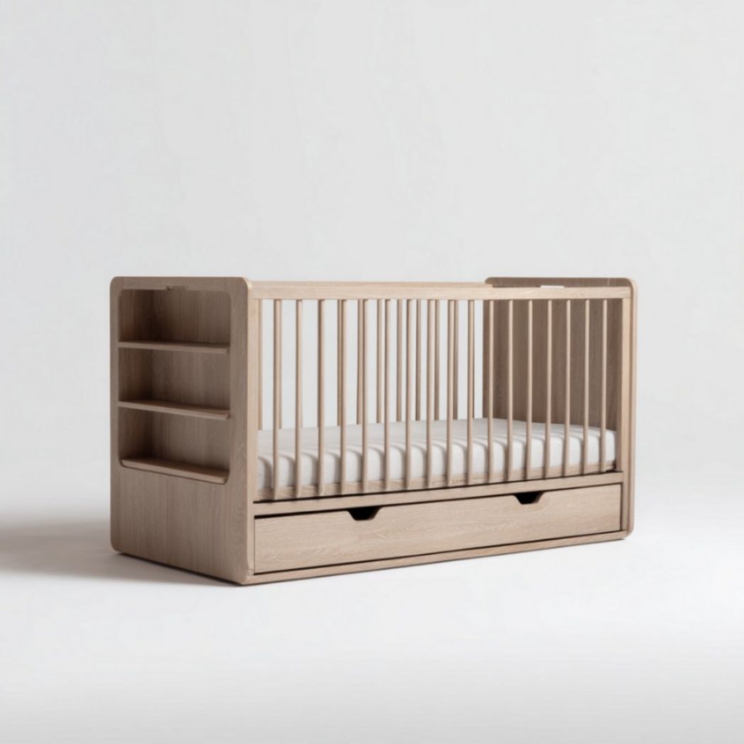 Culla in legno chiaro con pannello laterale e cassetto integrato