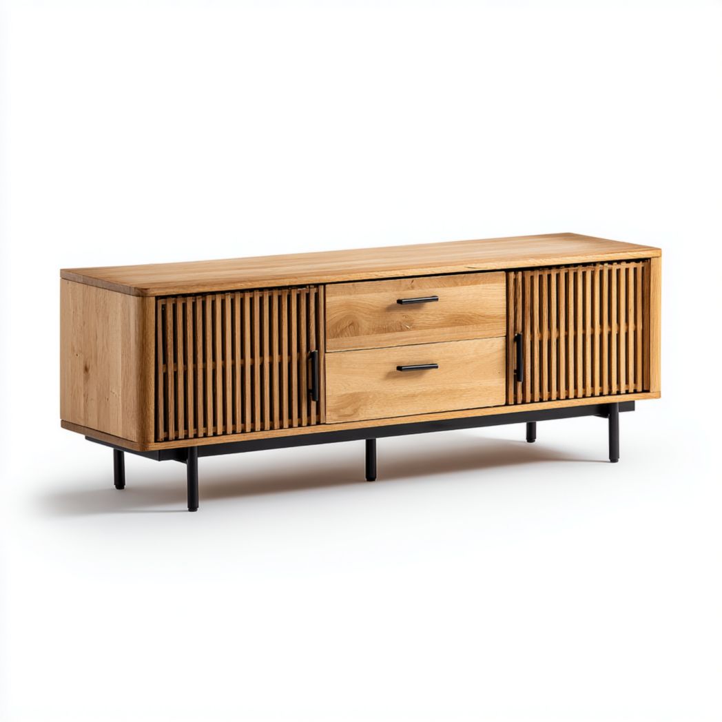 Mobile porta TV in legno di quercia e acciaio al carbonio