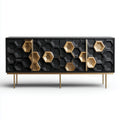 Buffet nero con motivi geometrici dorati e struttura in metallo