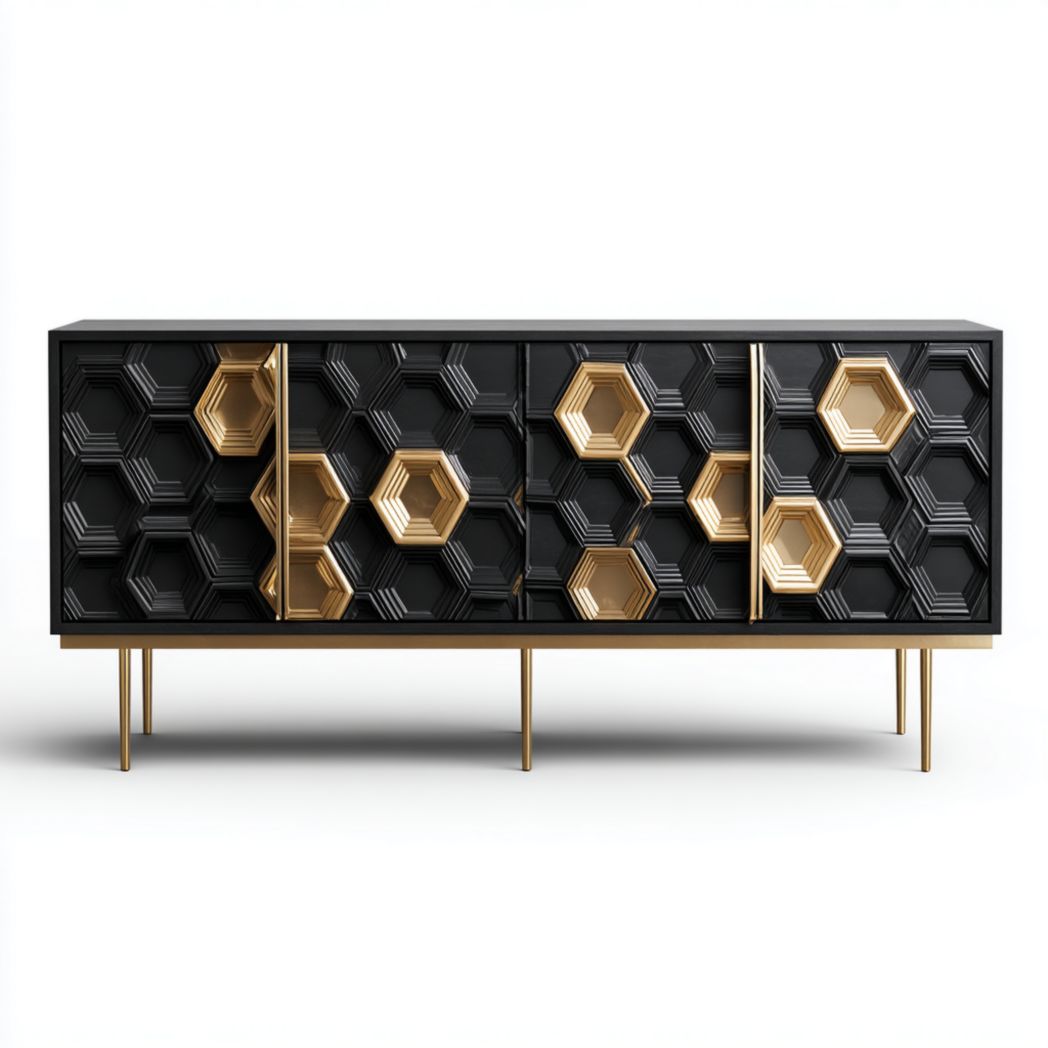 Buffet nero con motivi geometrici dorati e struttura in metallo