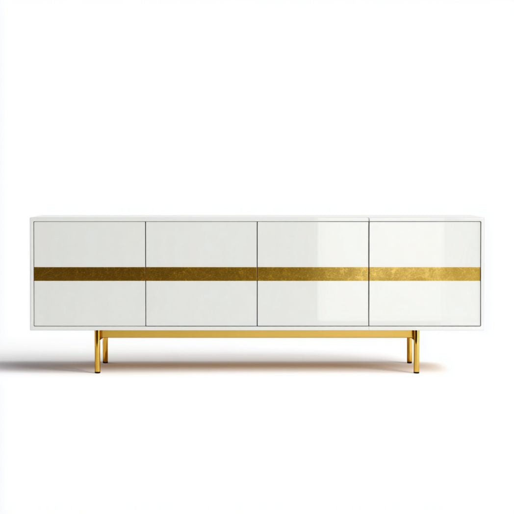 Credenza in Legno Laccato Bianco con Inserto in Metallo Dorato e 4 Ante