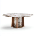 Tavolo da pranzo rotondo in marmo bianco e legno di noce