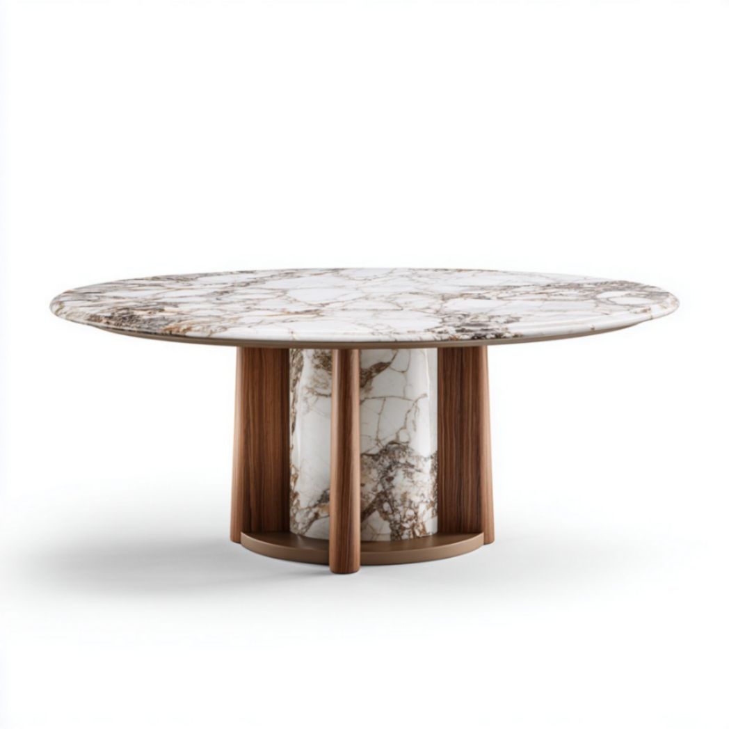 Tavolo da pranzo rotondo in marmo bianco e legno di noce