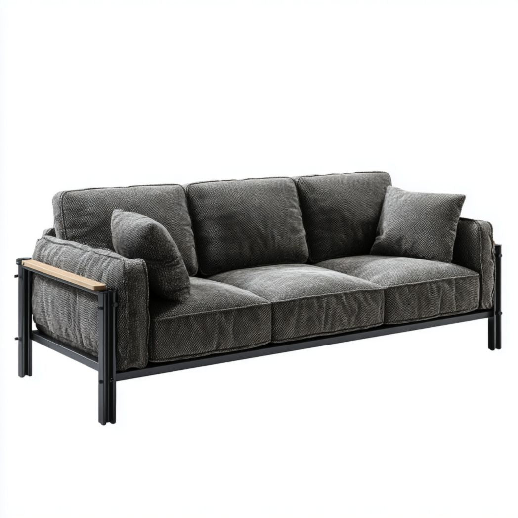 Divano 3 posti in tessuto vellutato con braccioli imbottiti e cuscini