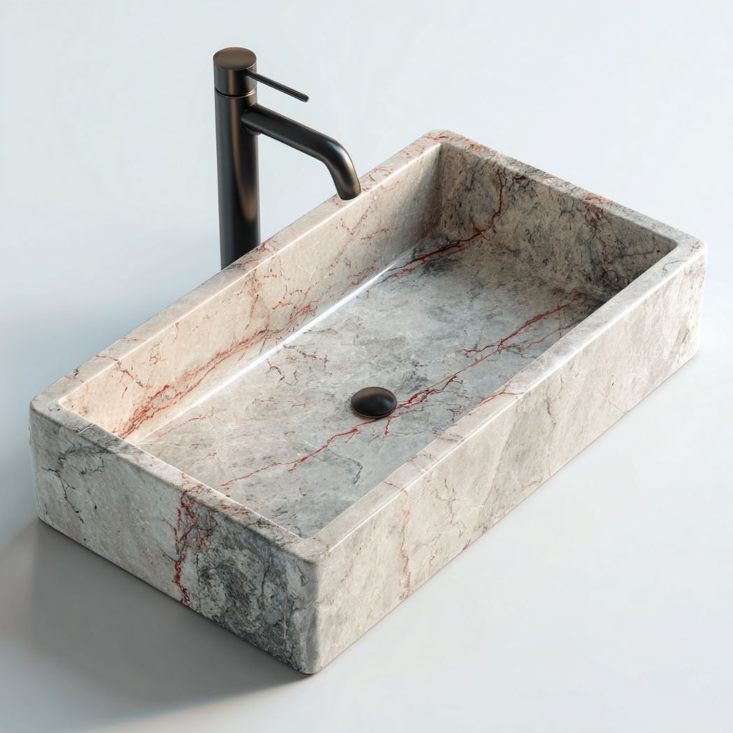Lavabo da Appoggio in Marmo con Rubinetto Nero
