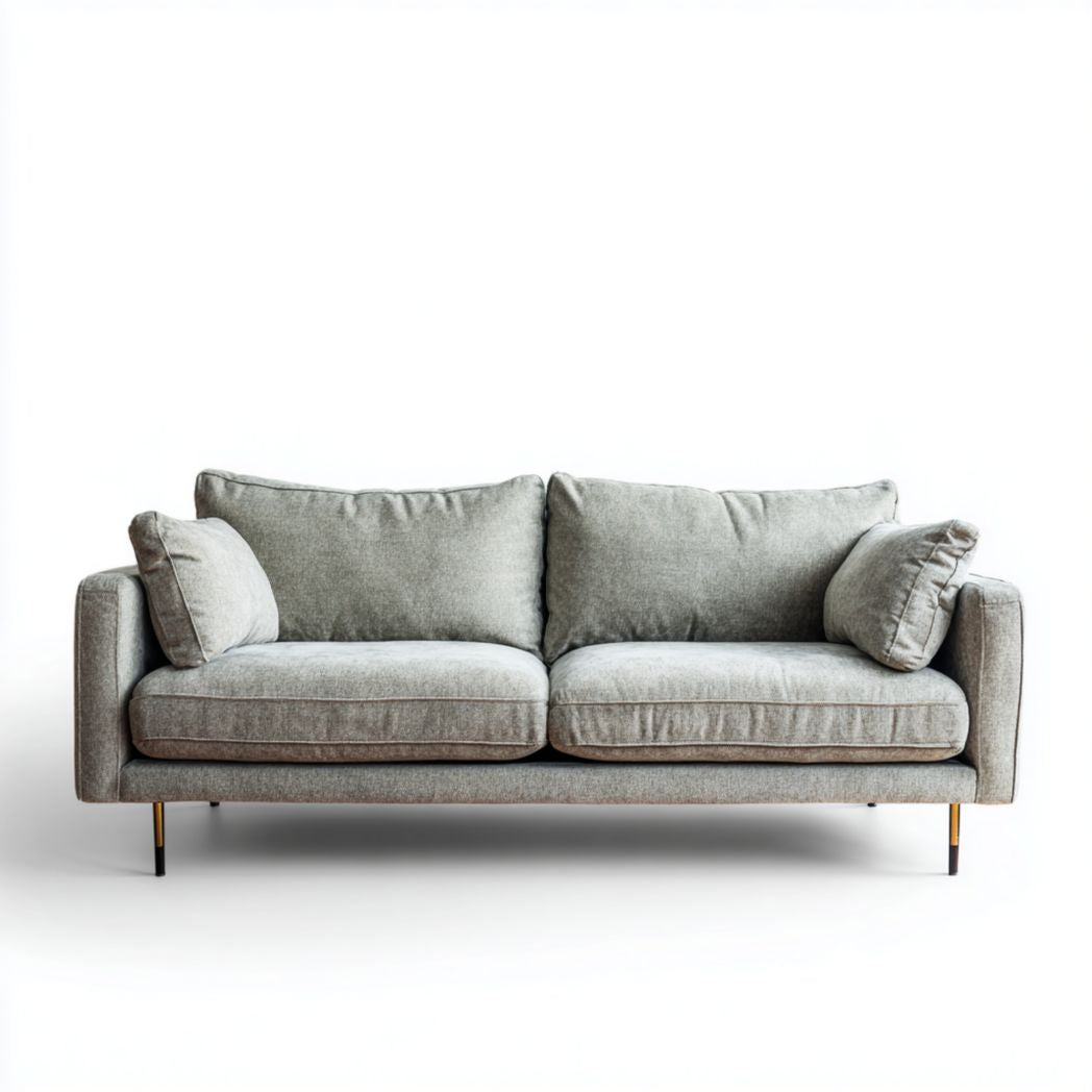 Divano 3 posti in tessuto con braccioli quadrati e cuscini imbottiti