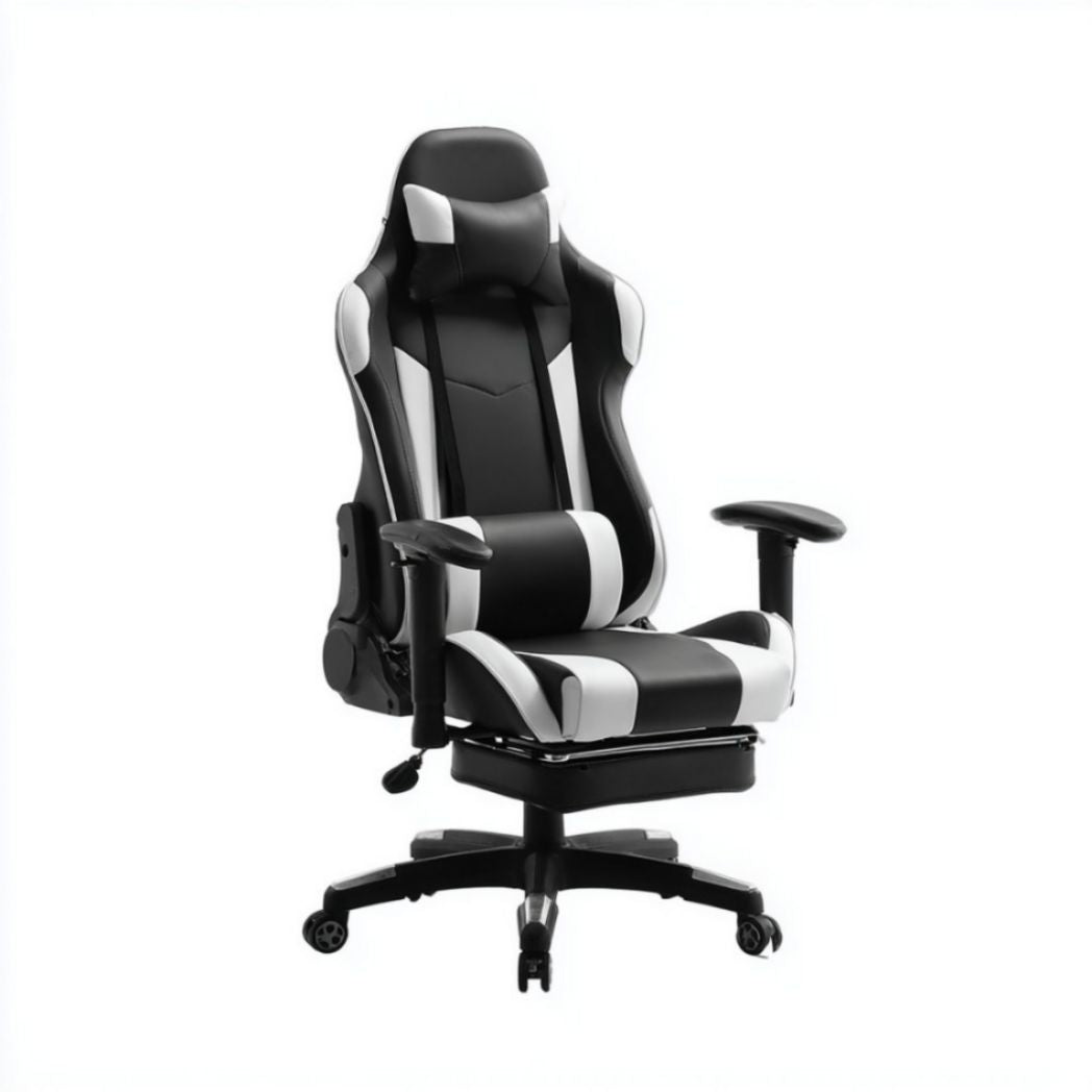 Sedia da Gaming con Rivestimento in Pelle Sintetica Nero-Bianco e Cuscini Supporto