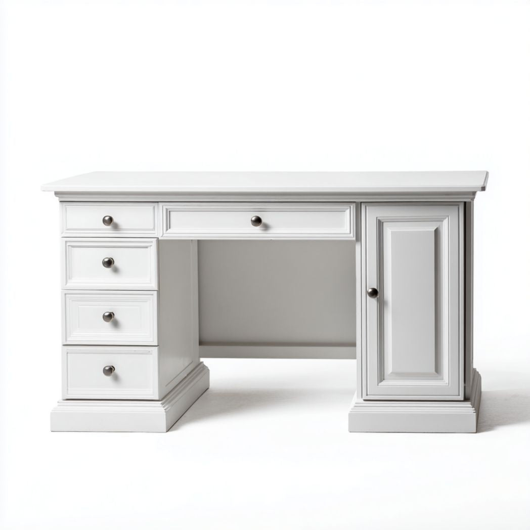 Scrivania con cinque cassetti e anta laterale in legno verniciato