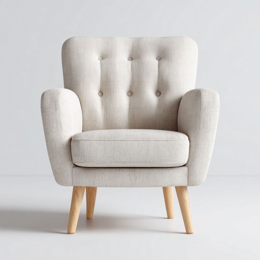 Poltrona ad ala in tessuto beige chiaro con gambe in legno chiaro