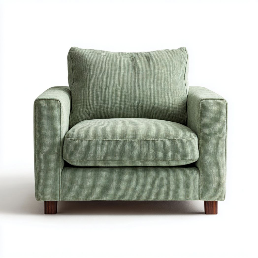 Poltrona singola in tessuto cotone verde chiaro con gambe in legno