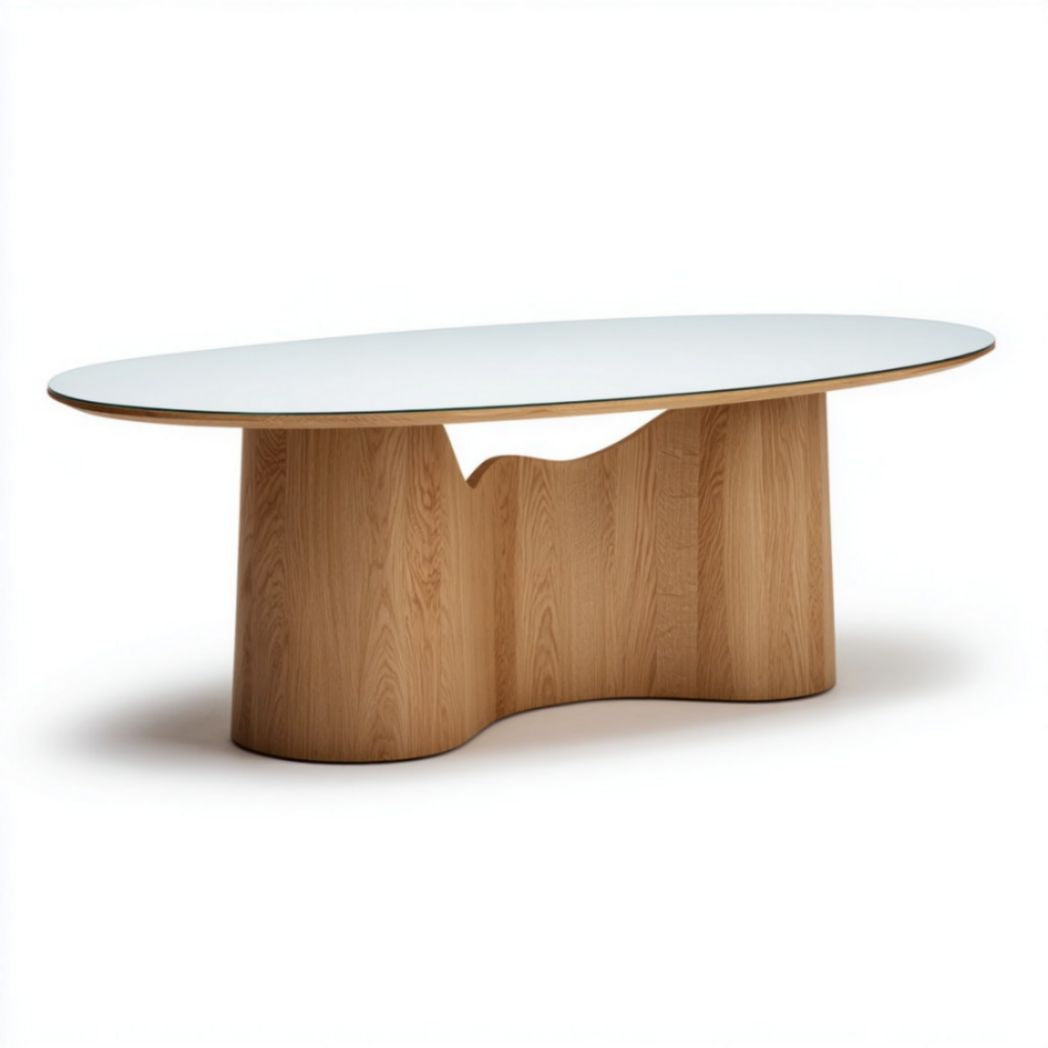 Tavolo ovale con piano in vetro temperato bianco e base monoblocco in legno di rovere con profilo sagomato