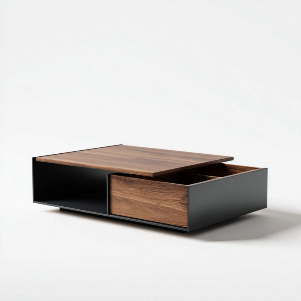 Tavolino da Salotto Rettangolare in Legno di Noce e Acciaio Antracite con Cassetto a Scomparsa