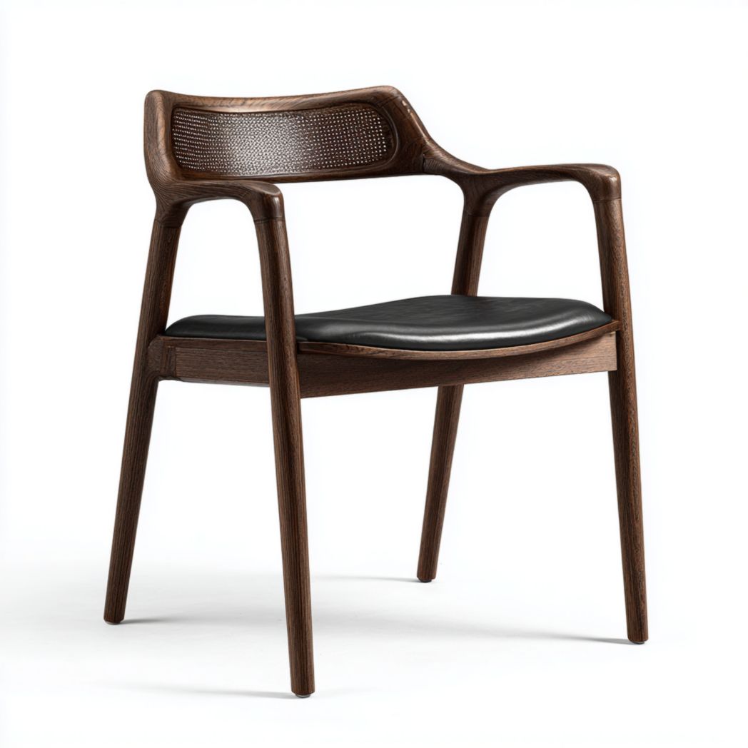 Poltrona in legno di frassino tinto noce con schienale in rattan e seduta in ecopelle nera